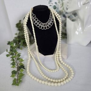 Statement Multi Strand Pearl Necklace with Silver Chain Choker